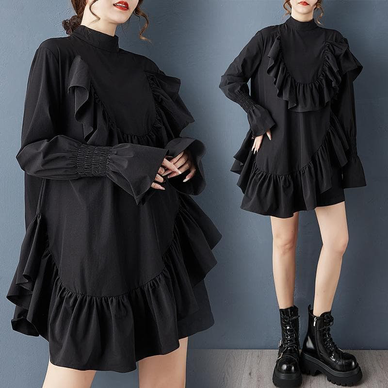 新品 大きいサイズ黒色 アシメ斜めフリルワンピース 体型カバー長袖秋冬4 4,844円