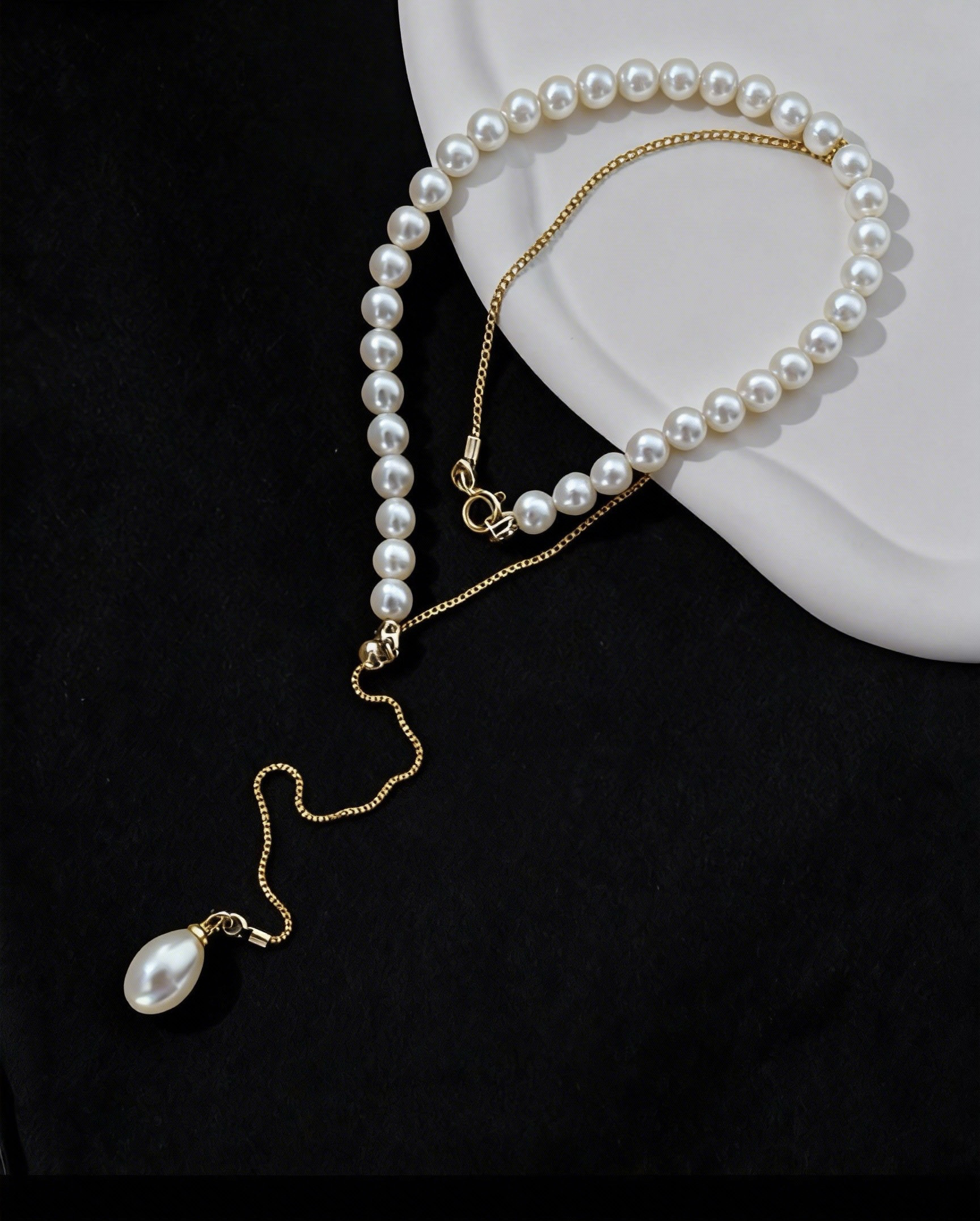 Uライン 5mmパール ロングネックレス｜2way（ロング/2重ショート）