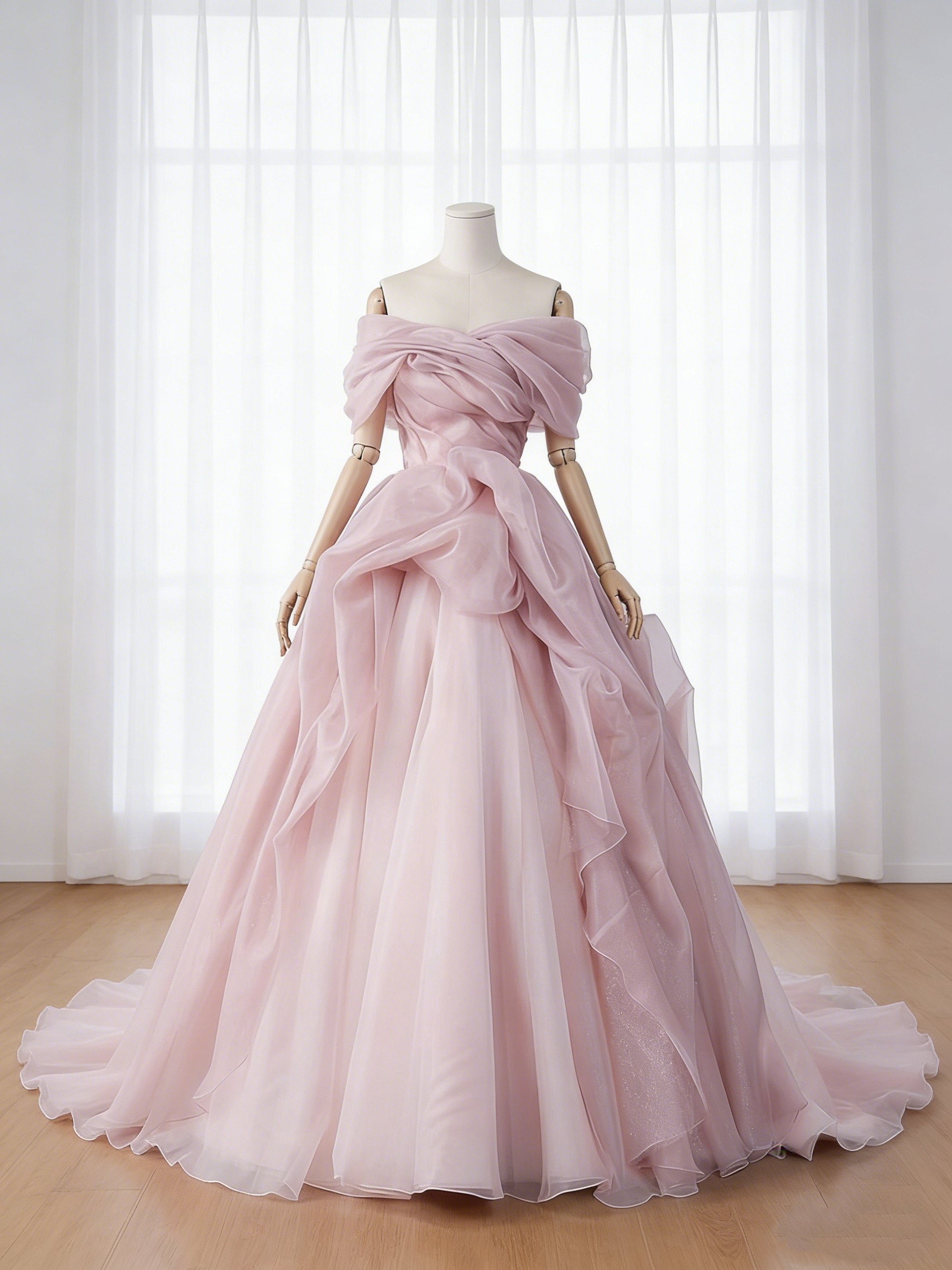 送料無料！カラードレス ピンク 取り外し可能なオフショルダー アシンメトリードレス ハンドドレープ 楊柳オーガンジー