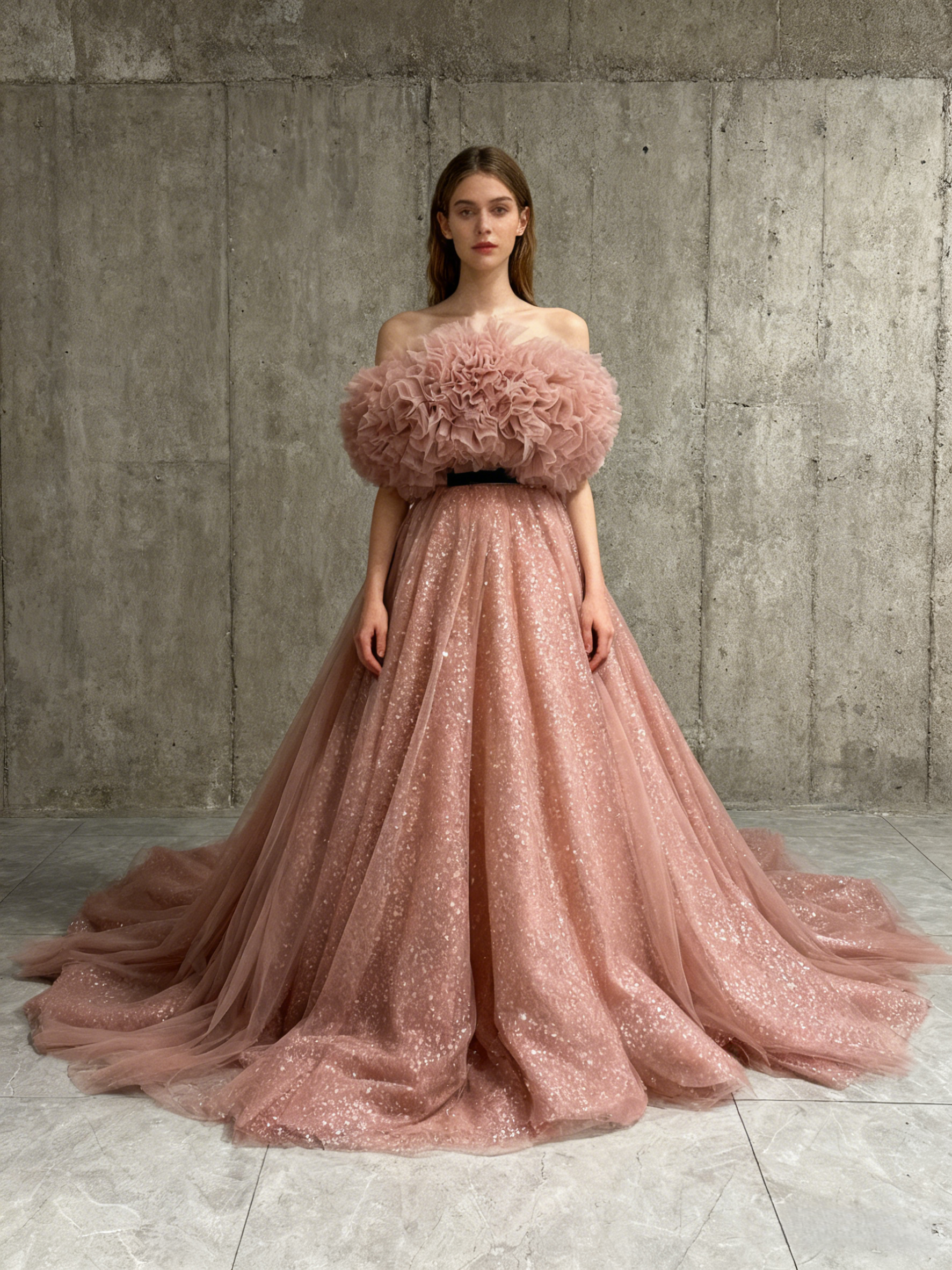 人気上昇！カラードレス ピンク オフショルダー キラキラグリッターチュール 披露宴 可愛い