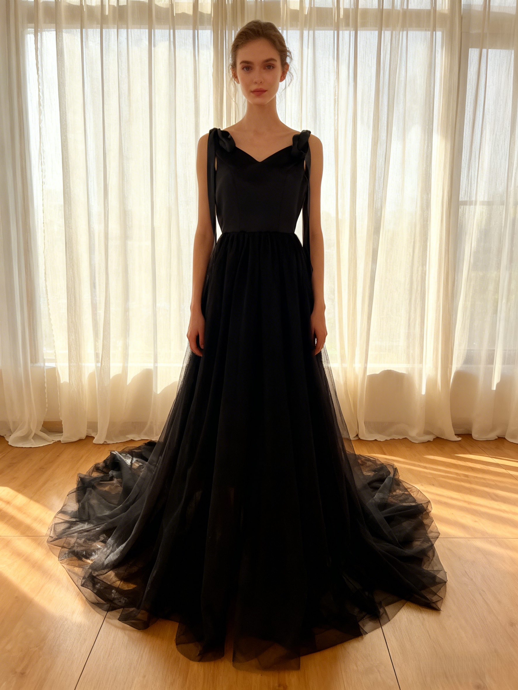 キャミソールドレス ブラック パーティードレス 背中見せ 取り外しリボン 披露宴/2次会/合コン/デート