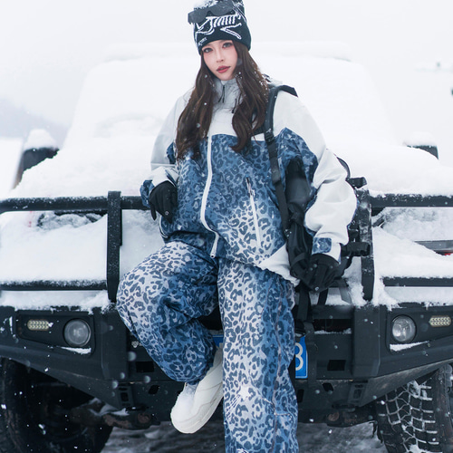 25-26 スノボウェア 上下セット ヒョウ柄 撥水 メンズ レディース
