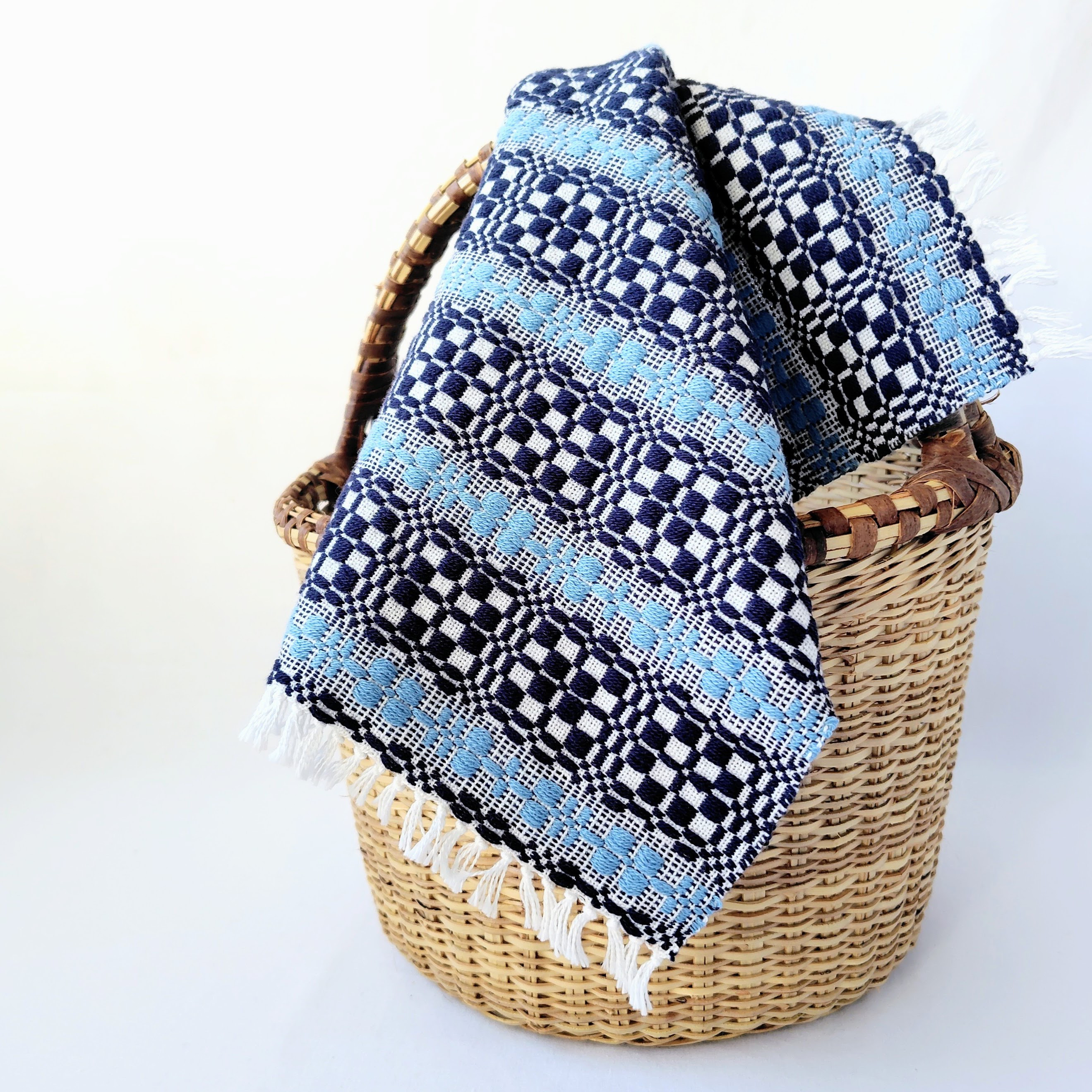 北欧手織り1点物：繊細で柔らかなコットンクロス(ダークネイビー×サックスブルー)