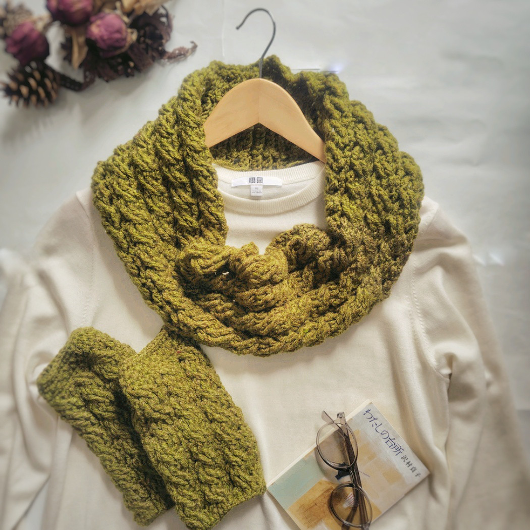 ◆春待ちあったかセット│在庫限り◆春の若葉グリーン・模様編みストール＆ハンド ネックウォーマー マフラー │緑 グリーン