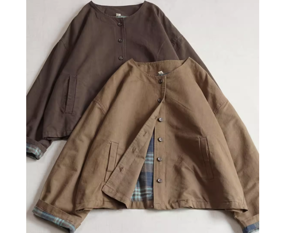 ✿ 100%綿  春・秋用 丸襟 コットン ゆる丈 快適 ショートジャケット 通勤通学 2色入り