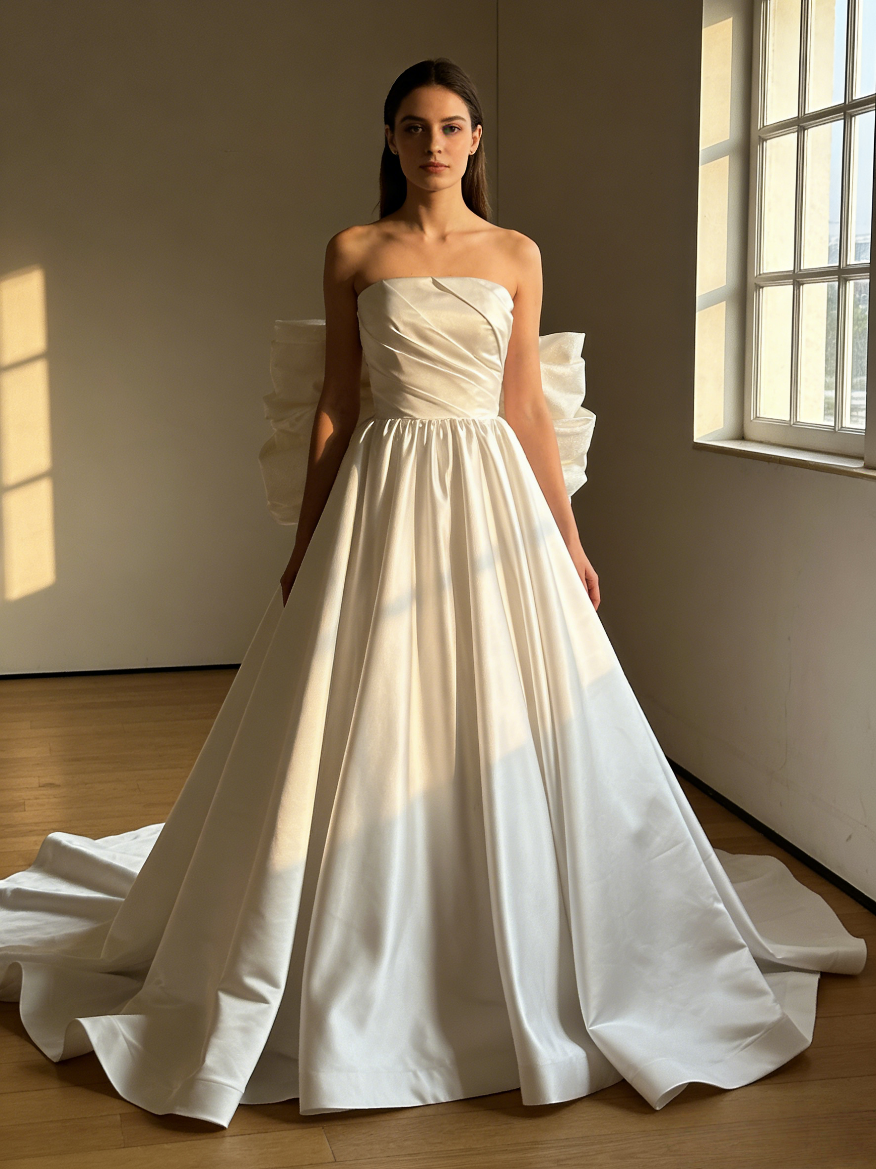 送料無料！ウエディングドレス シルクドレス ふっくら柔らかなバックリボン パフスリーブ 花嫁/挙式/前撮り/結婚式