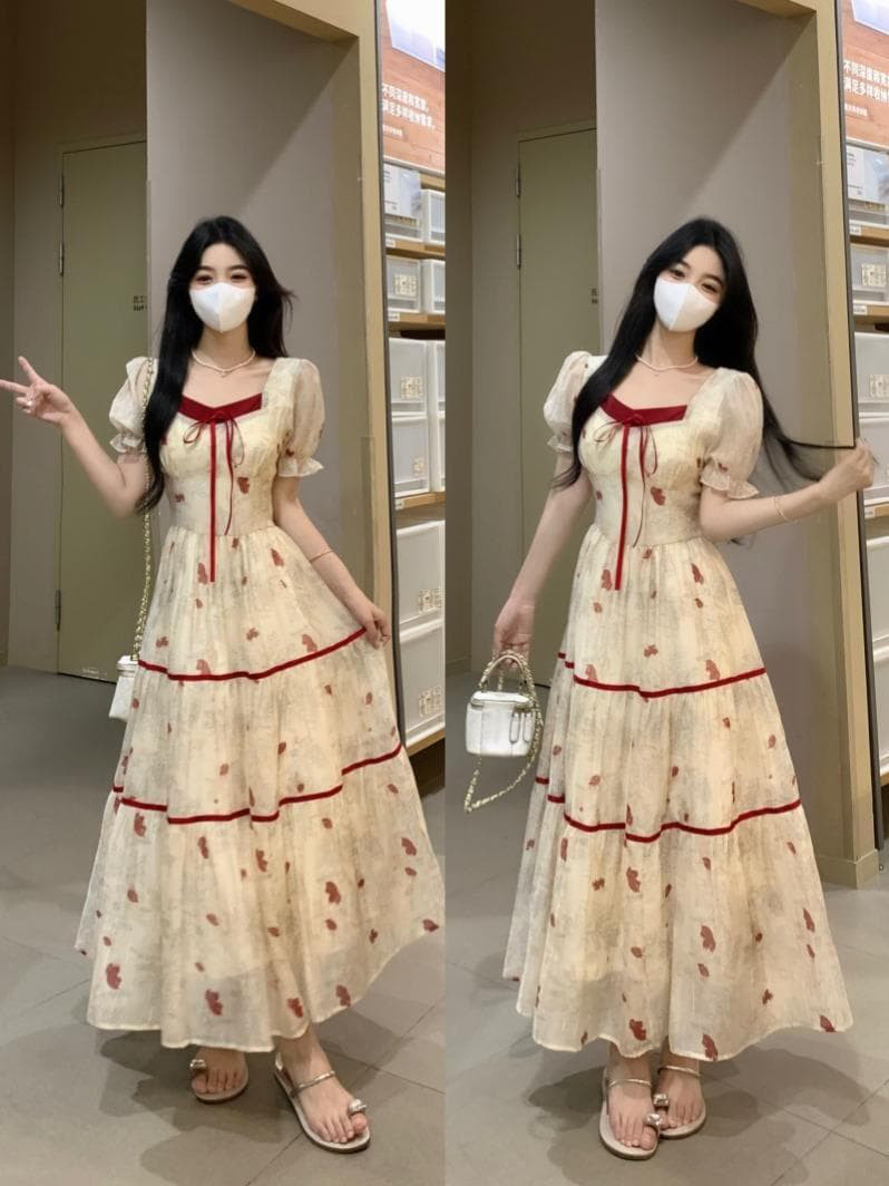 【新品】大きいサイズ 花柄ロングワンピース 4Lスクエアネック春夏半袖