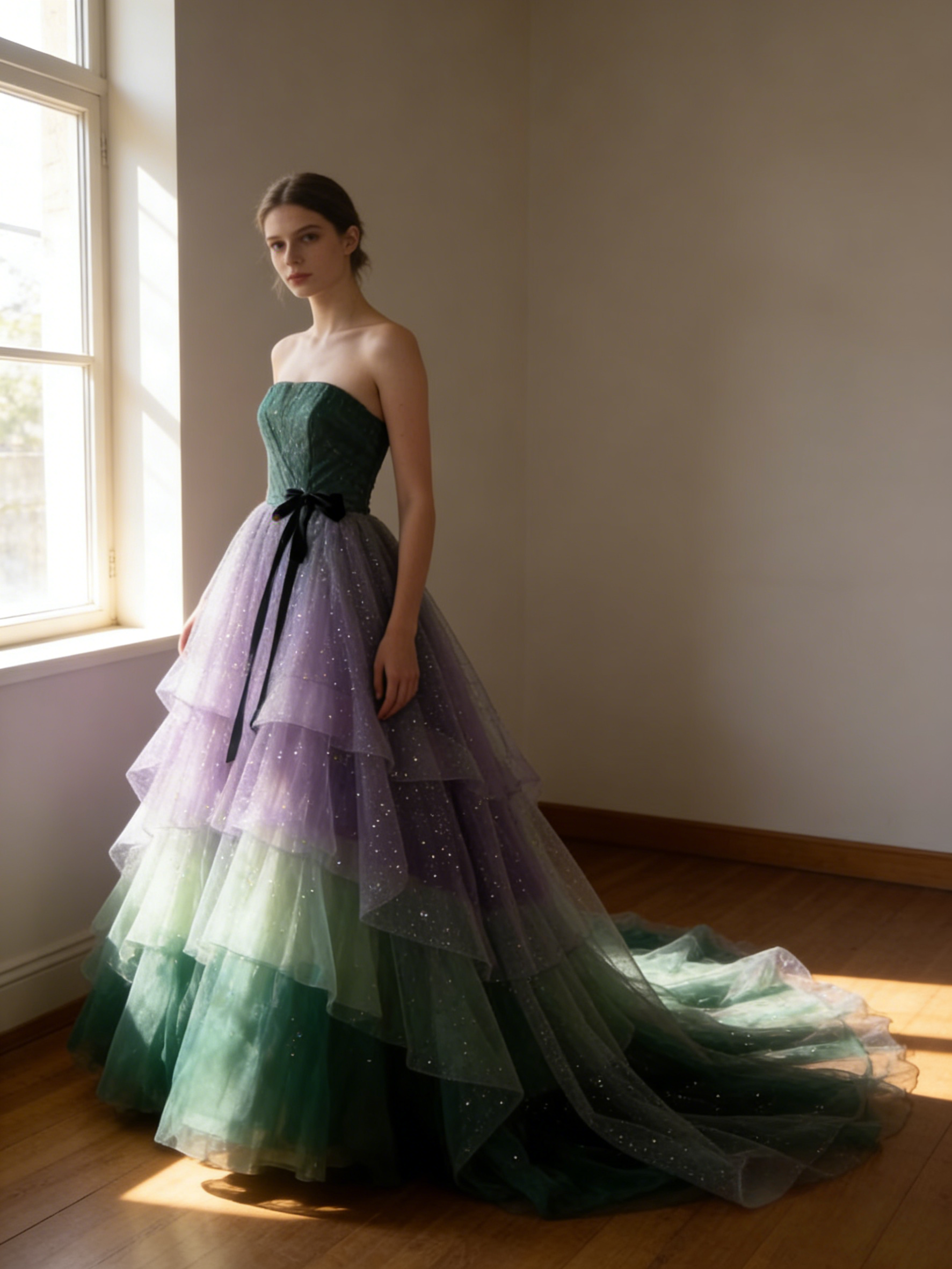 レインボードレス 素敵なカラードレス キラキラチュール ベアトップ 結婚式　ハートカット