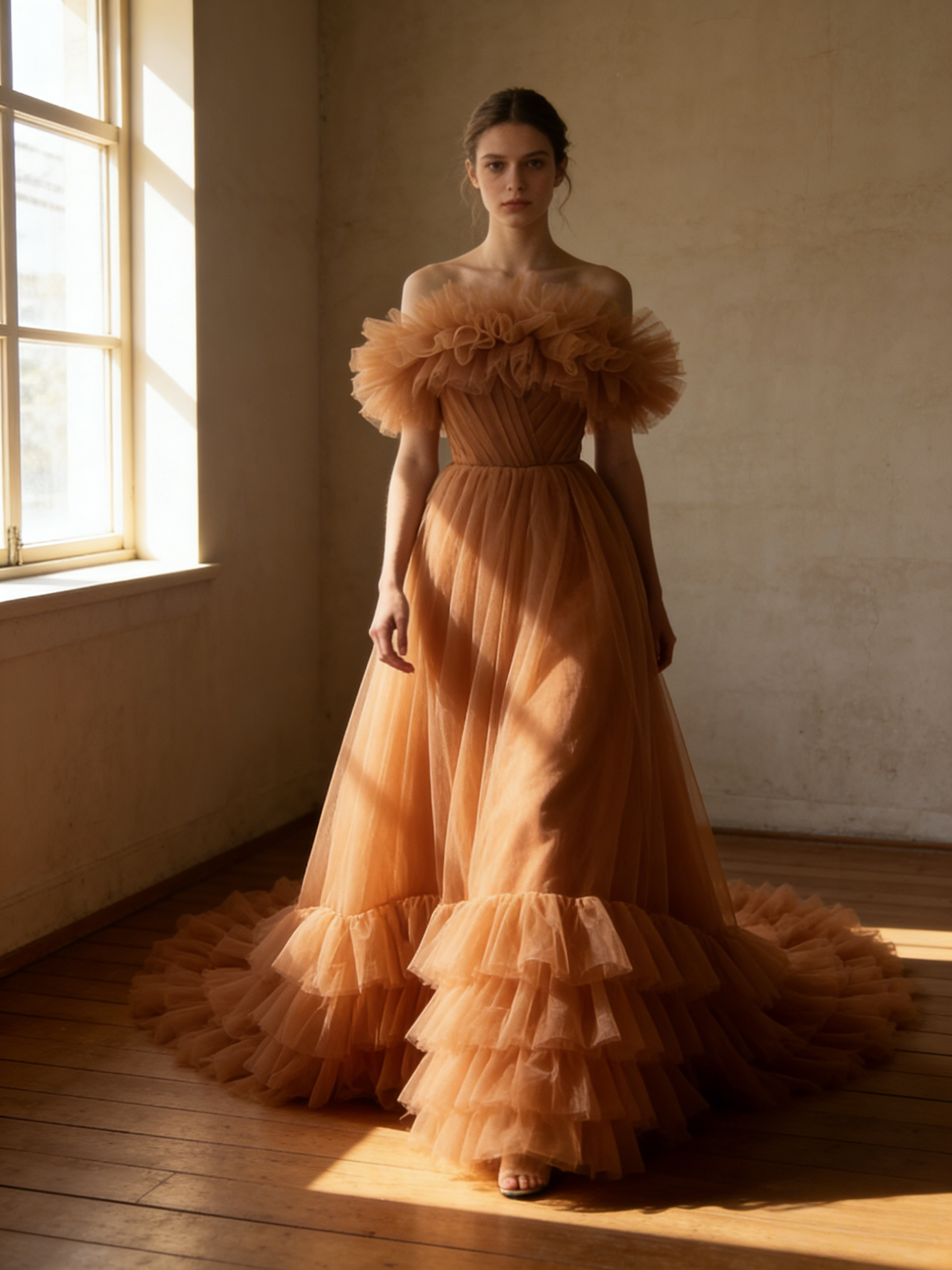 大好評中！テラコッタ色 カラードレス取り外しオフショルダー　  ンジー パフスリーブ プリンセスライン /結婚式披露