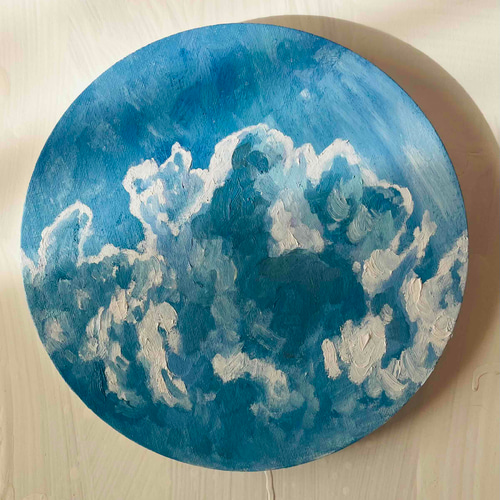 油彩画 原画「空 その7」丸形アートパネル 直径25cm インテリア 絵画