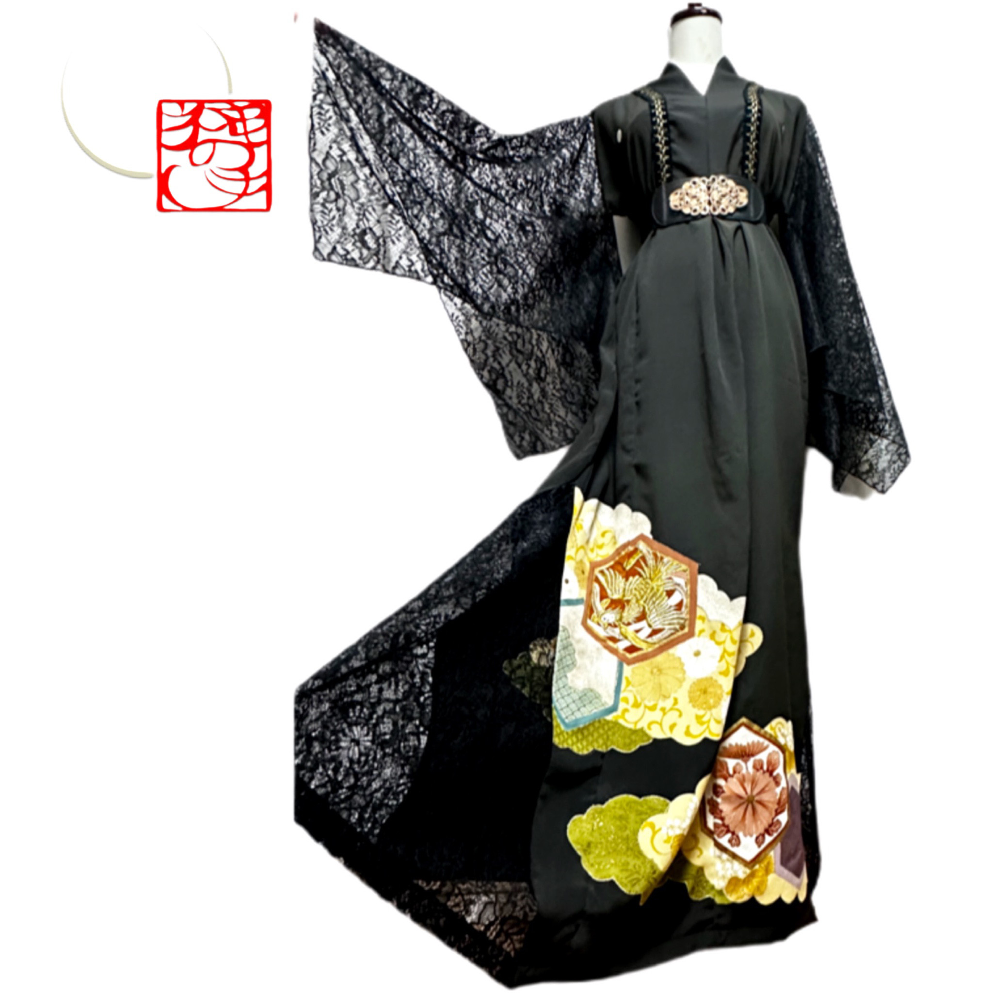 超ロング　留袖　着物リメイク　ドレス　レース袖＆裾　金糸鳳凰　和柄　ワンピース　丈136