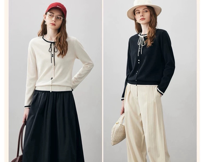 2色 配色リボン ウール100%プルオーバーニット【冬春秋】黒・ホワイト