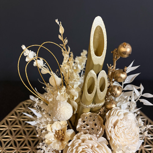 SALE【ミニ門松】ゴールドと白の大人可愛いお正月飾り しめ縄