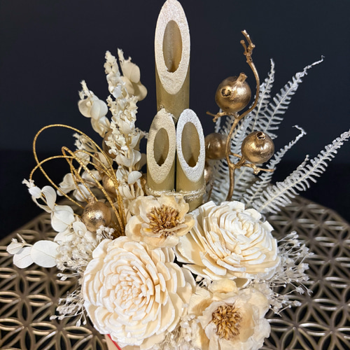 お正月飾り 門松 白 ゴールド ハンドメイド 和モダン 菊 梅 大 268