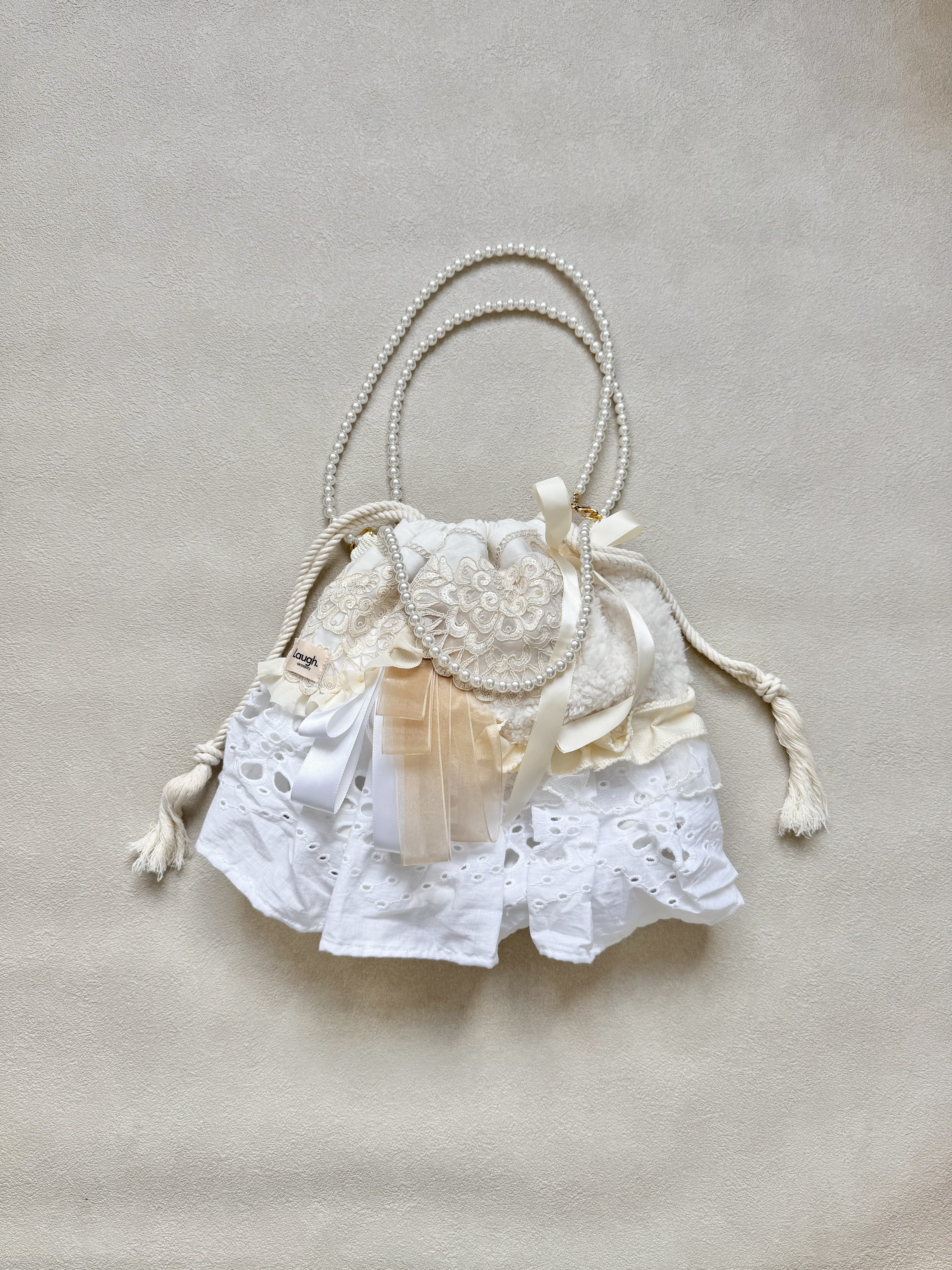 手に持つアクセサリー★インド刺繍リボンと異素材の2way巾着バッグ　ショルダー⑥