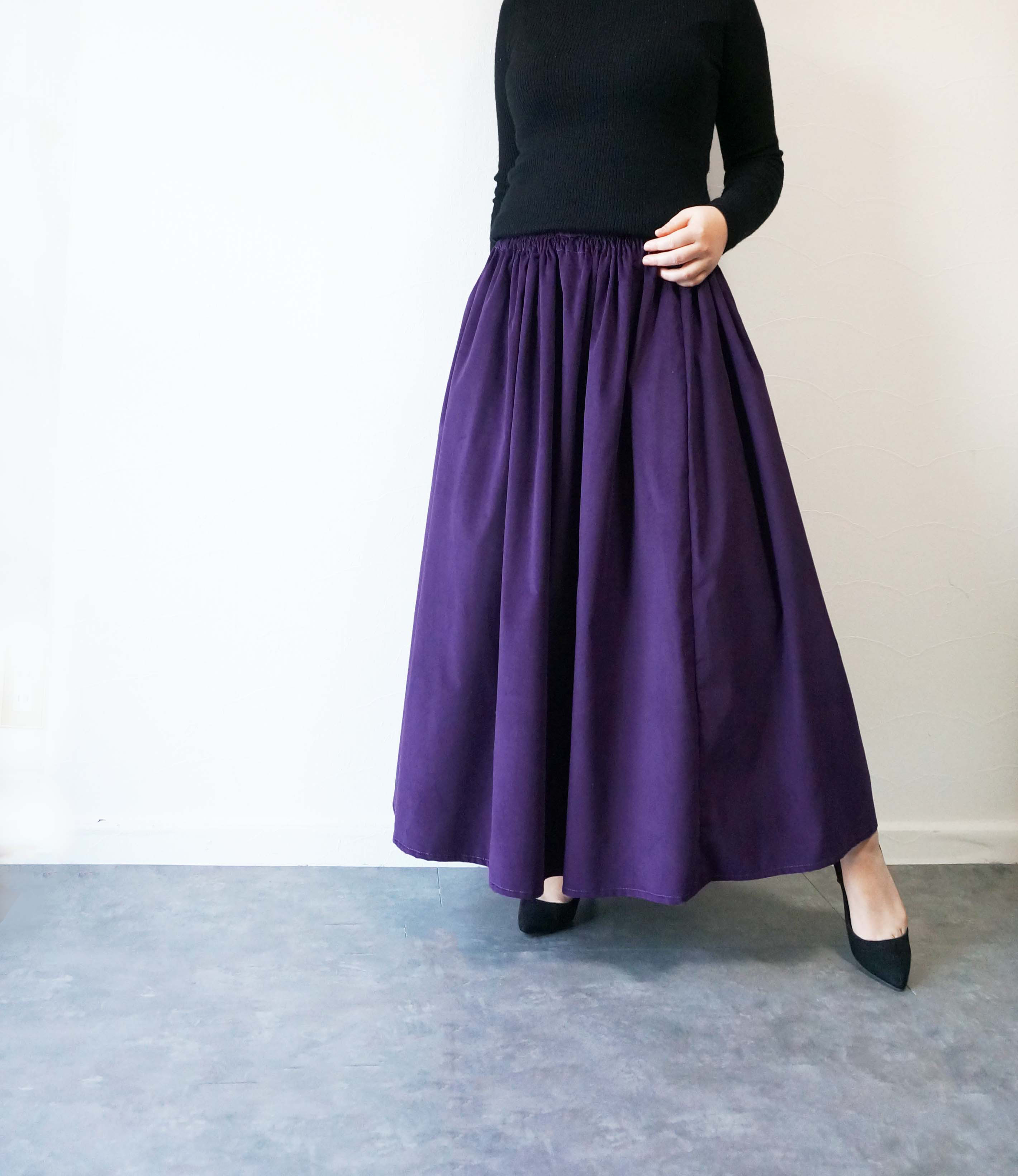 大人パープルコーデュロイギャザースカート