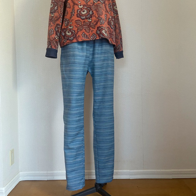 ウール紬着物リメイク＋デニム 　Backヨークテーパードパンツ