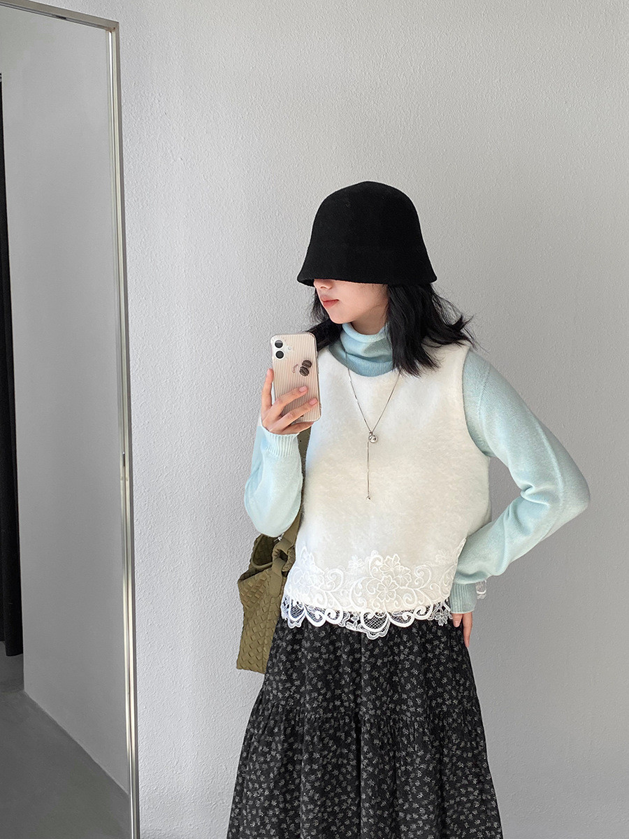 秋レディース無地レース切り替えニットベスト【返品・交換可】品質最優先25-632