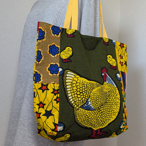 BIGトートバッグ ♥アフリカ布パッチワーク ニワトリとツバメ トート
