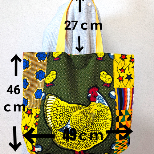 BIGトートバッグ ♥アフリカ布パッチワーク ニワトリとツバメ トート