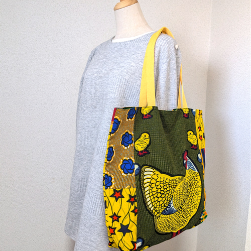 BIGトートバッグ ♥アフリカ布パッチワーク ニワトリとツバメ トート