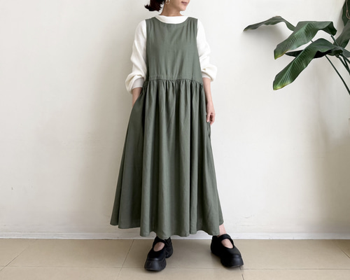 サイドリボンのジャンパースカート * Cotton Linen 素材 Green kahky