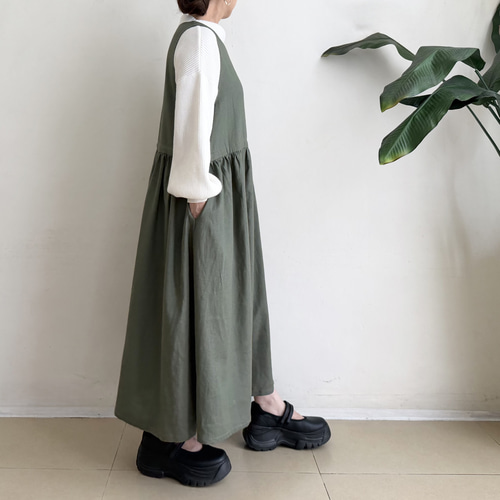サイドリボンのジャンパースカート * Cotton Linen 素材 Green kahky