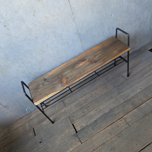 マットブラックでアイアンなベンチ＆シューズラック♪ 300×1163×400ｍｍ ベンチ アイアンラック シューズラック 什器 おしゃれ シンプル 無骨