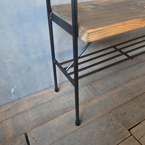 マットブラックでアイアンなベンチ＆シューズラック♪ 300×1163×400ｍｍ ベンチ アイアンラック シューズラック 什器 おしゃれ シンプル 無骨