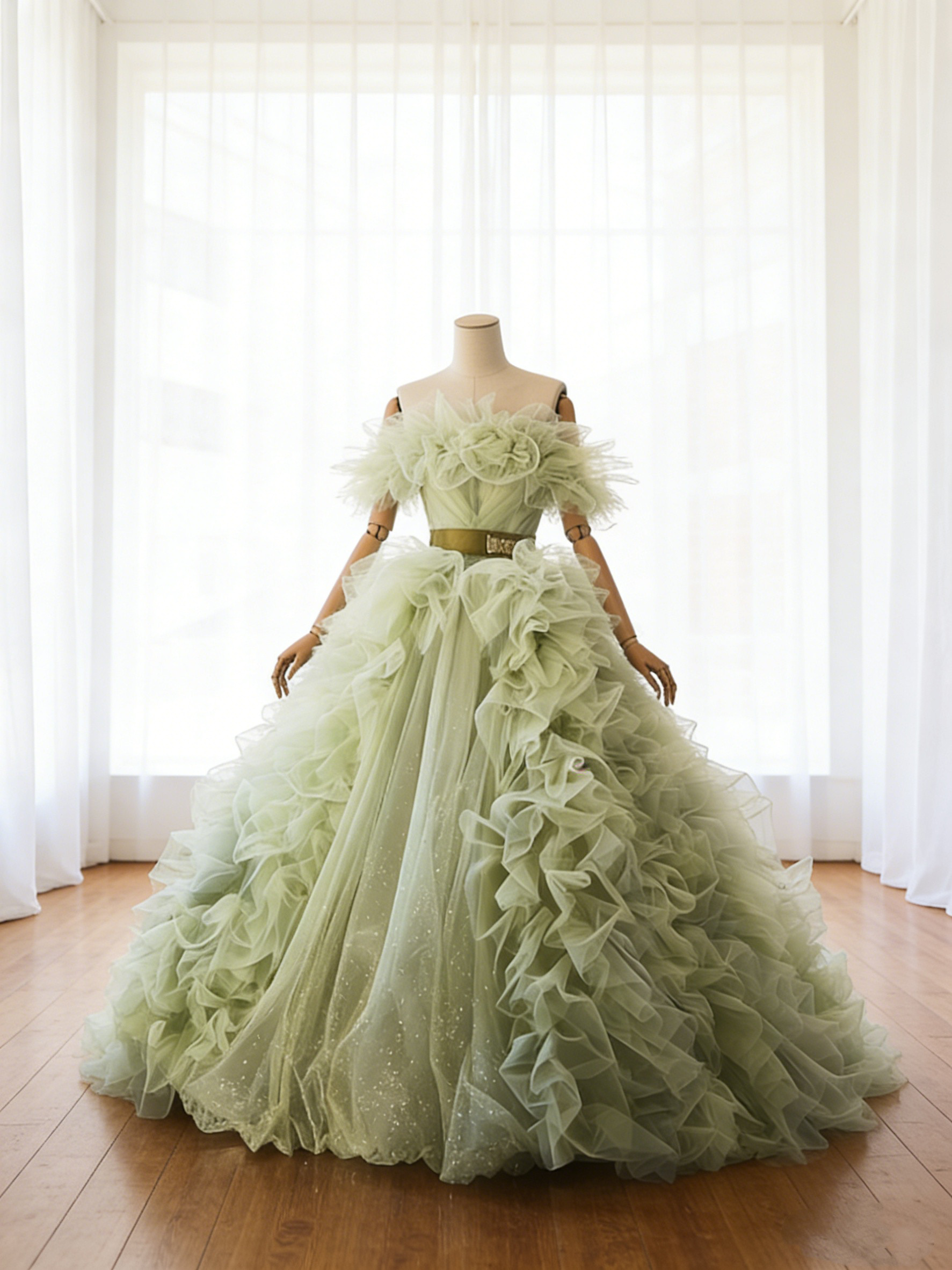 送料無料！カラードレス グリーン オフショルダー キラキラチュール 華やかなトレーン プリンセスライン 抜群におしゃれ度