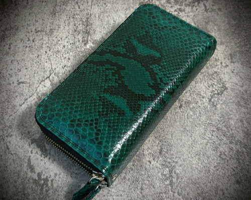 パイソン ダブルジッパー 長財布 蛇 ダブルファスナー 経年変化 グリーン 緑 3403e580126688f59c1c731cf862de