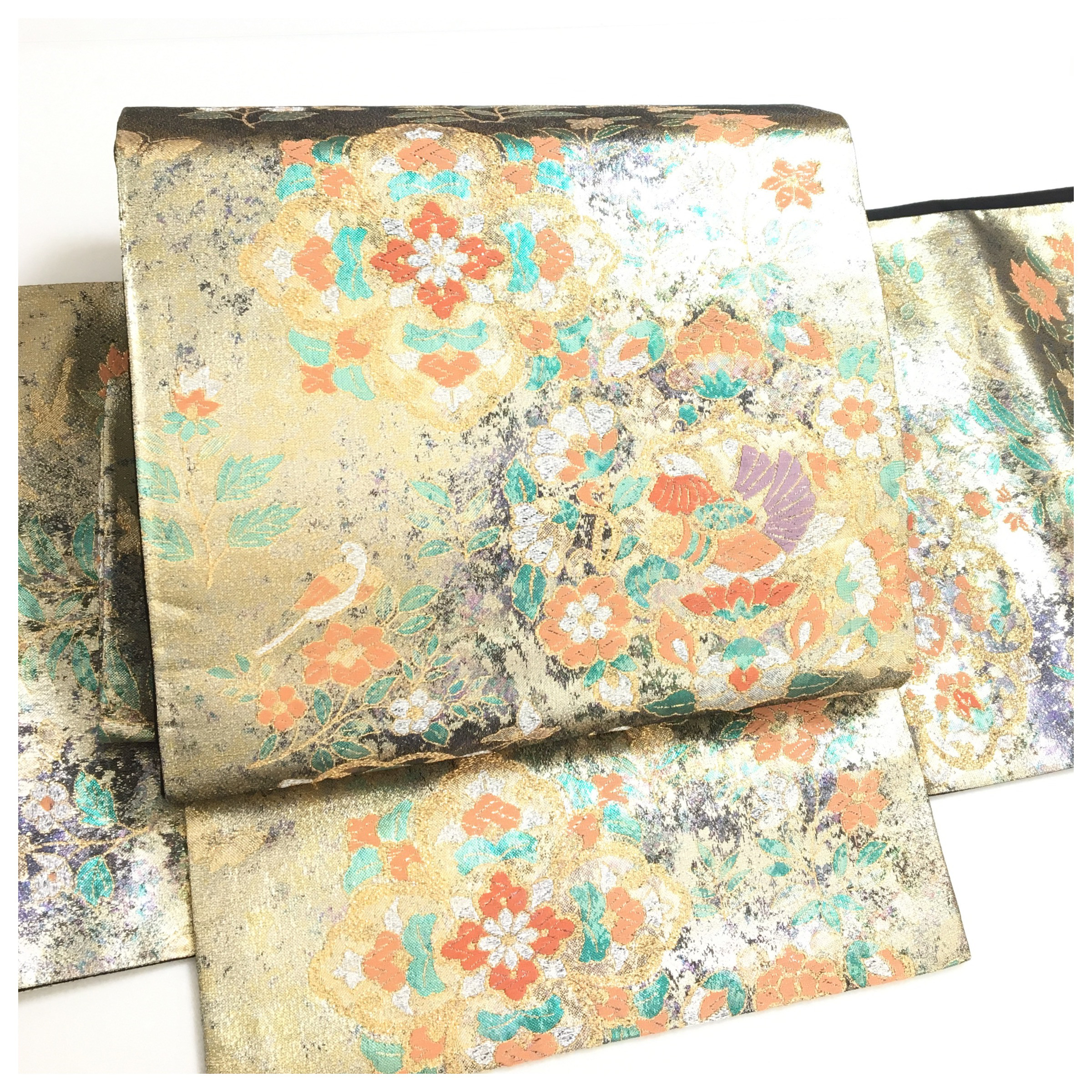 美品　正絹　楽帯　袋帯　ゴールド　華紋　二部式　二重太鼓　作り帯