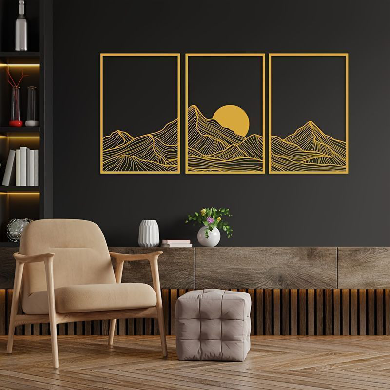 アート ウォールアート 現代的 3点セット壁掛け メタルウォールアートセット 自然 グラフィック 山岳地帯のパネル