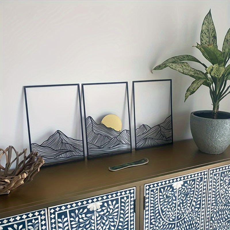アート ウォールアート 現代的 3点セット壁掛け メタルウォールアートセット 自然 グラフィック 山岳地帯のパネル
