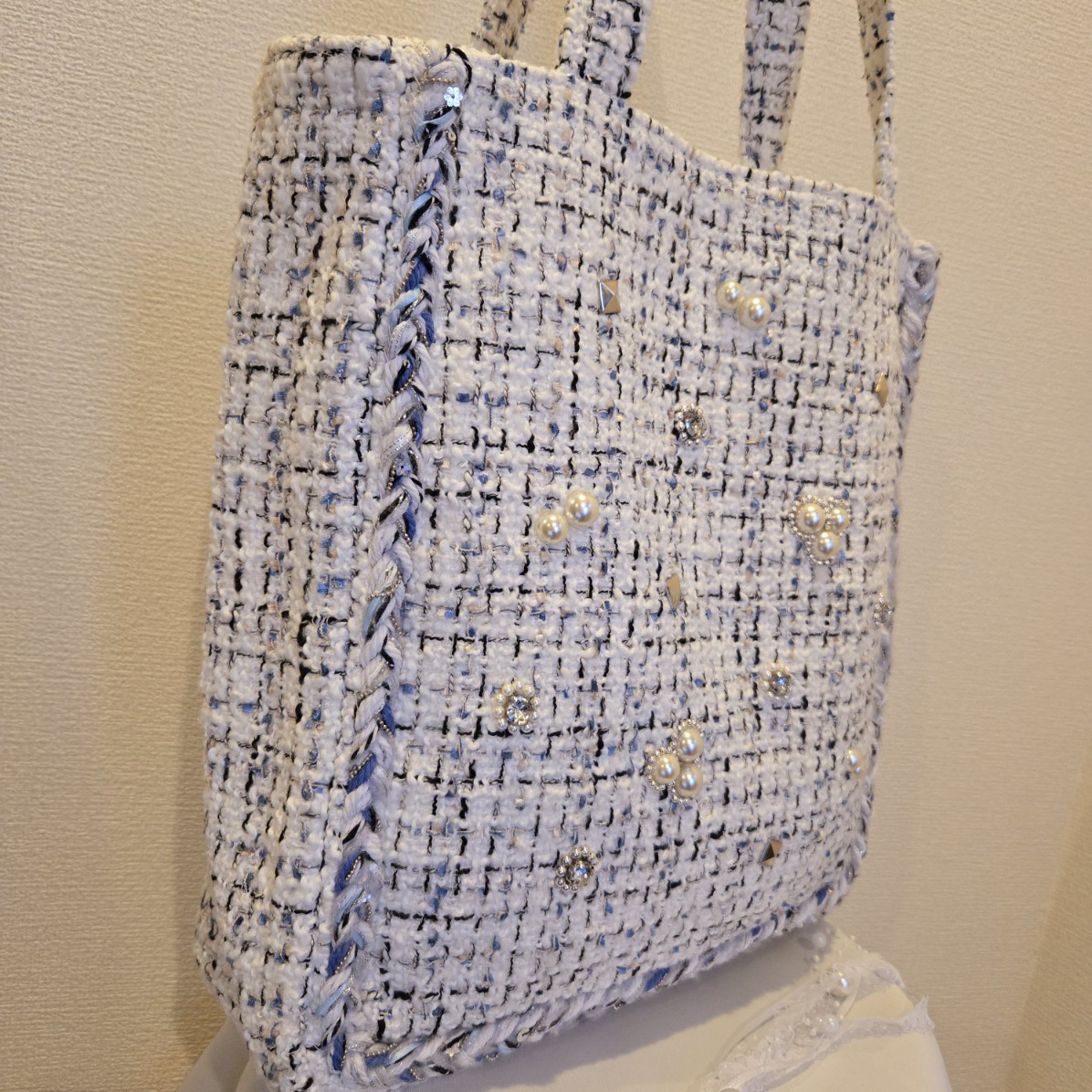 【トートバッグ】Lサイズ　白×ライトブルーツイード