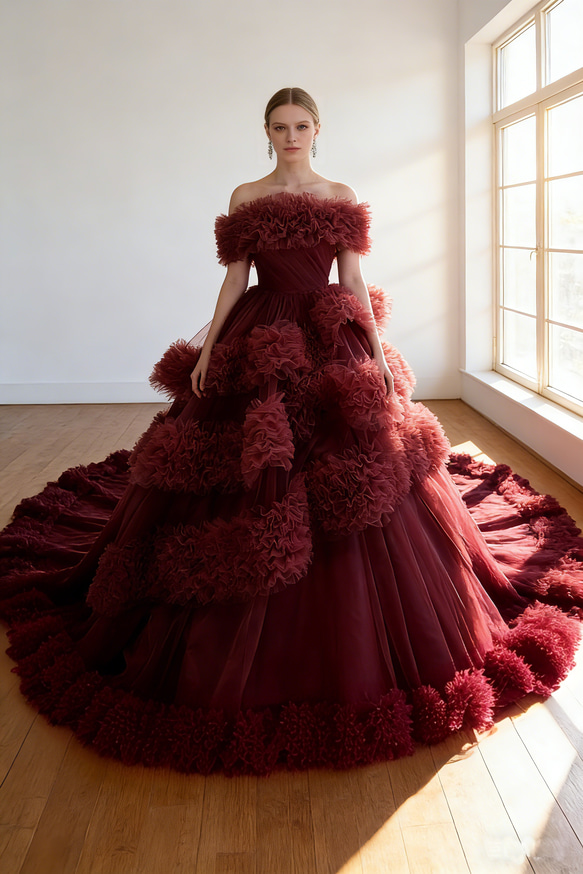 カラードレス ボルドー色 オフショルダー もこもこドレス ボリューム