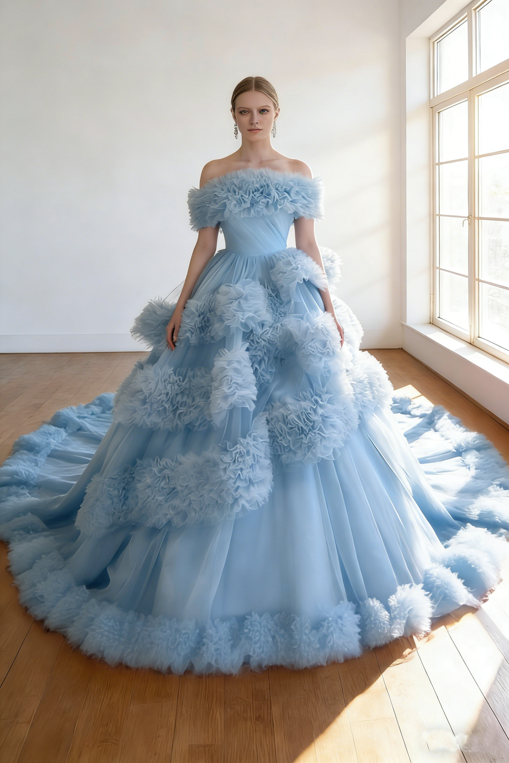 カラードレス  爽やかで優しいブルー  オフショルダー もこもこドレス ボリュームドレス 華やかなトレーン  披露宴