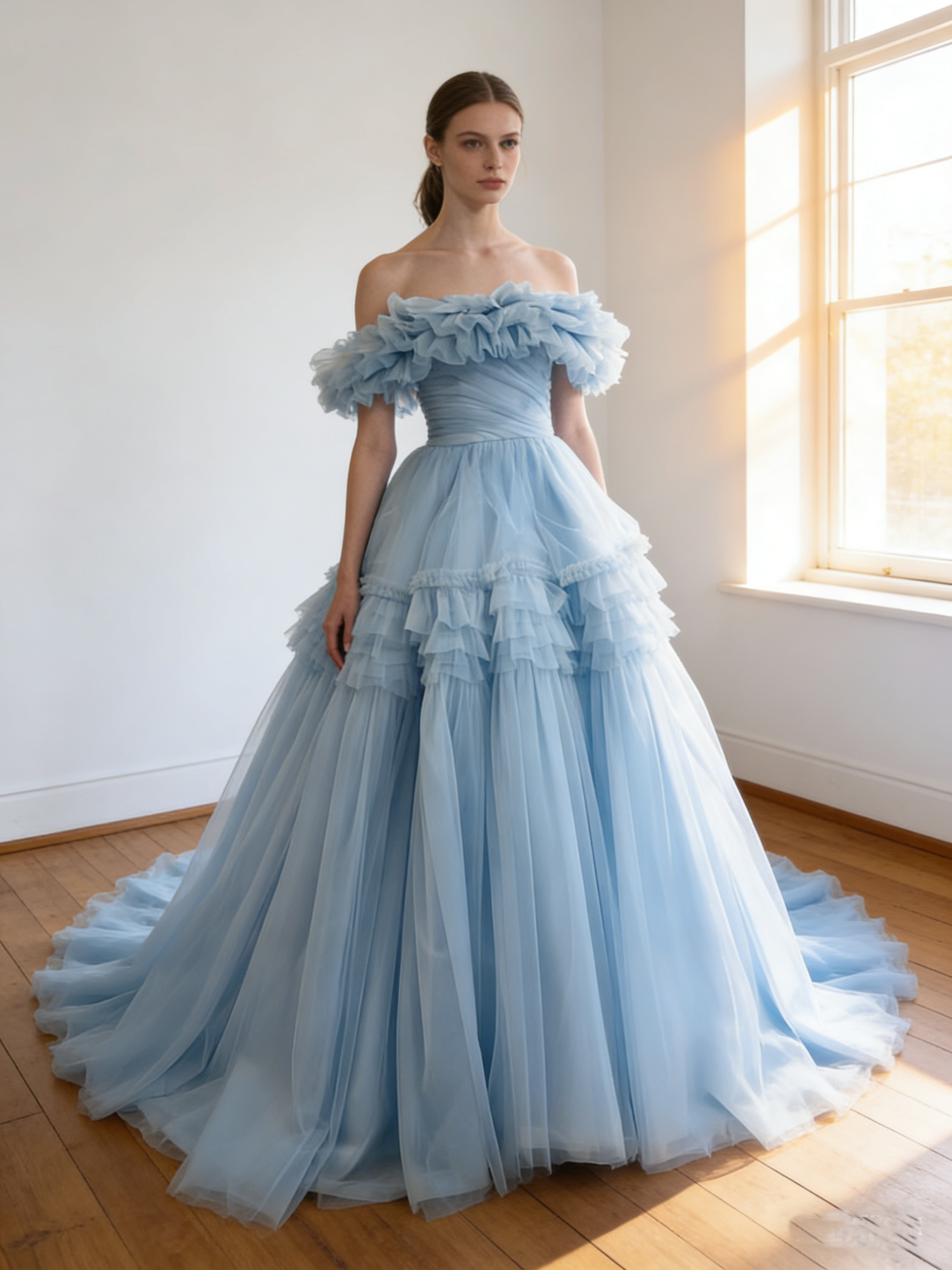 カラードレス  爽やかで優しいブルー オフショルダー  スリット ボリュームドレス 華やかなトレーン  結婚式