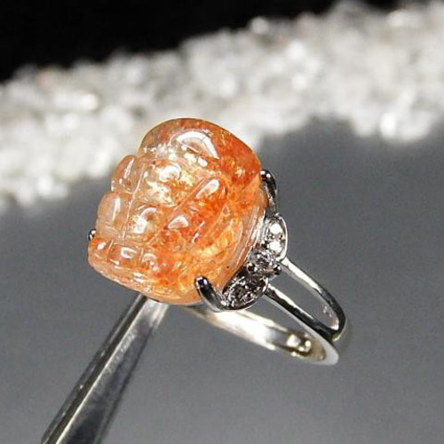 ゴールドサンストーンヒキュウリング銀925指輪天然石16号U0649RYZa