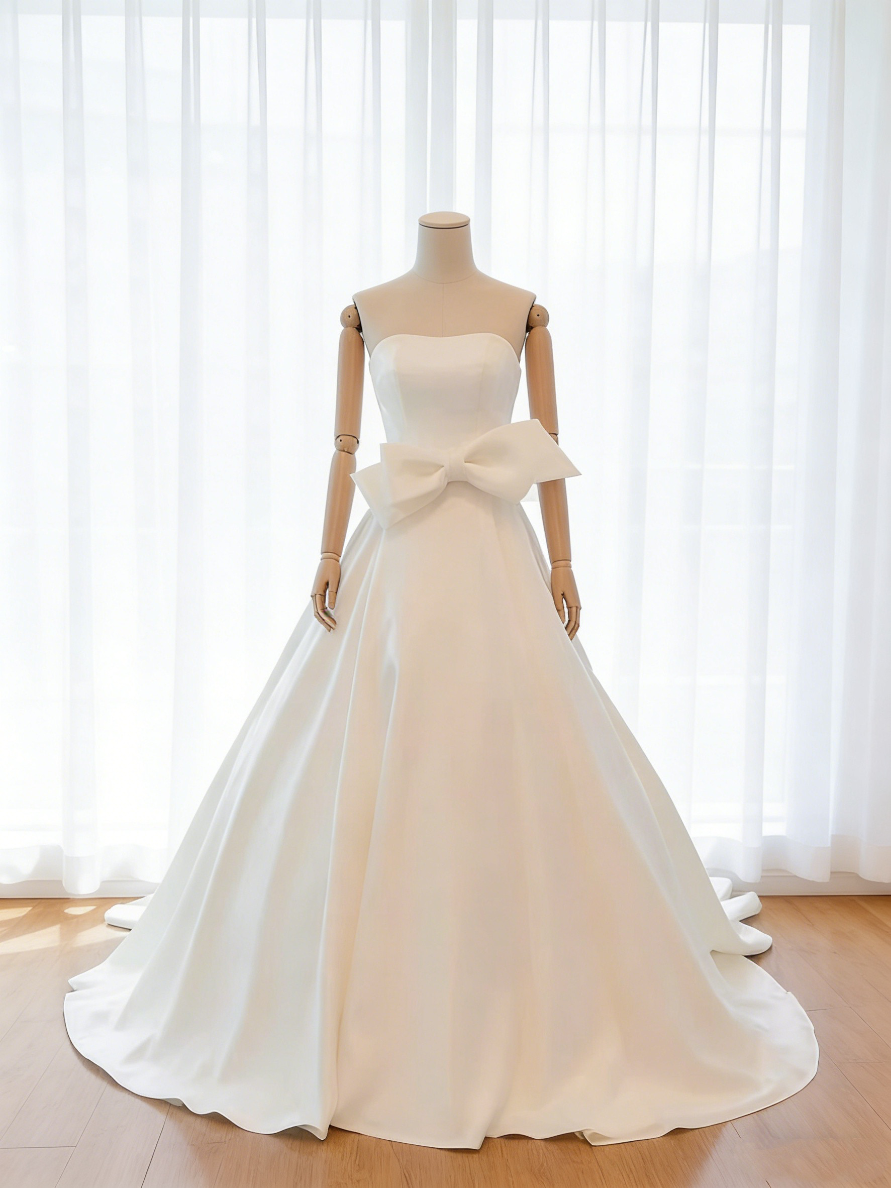 送料無料！ウェディングドレス ビスチェドレス リボン オフホワイト オーダーメイド 結婚式 スレンダーライン