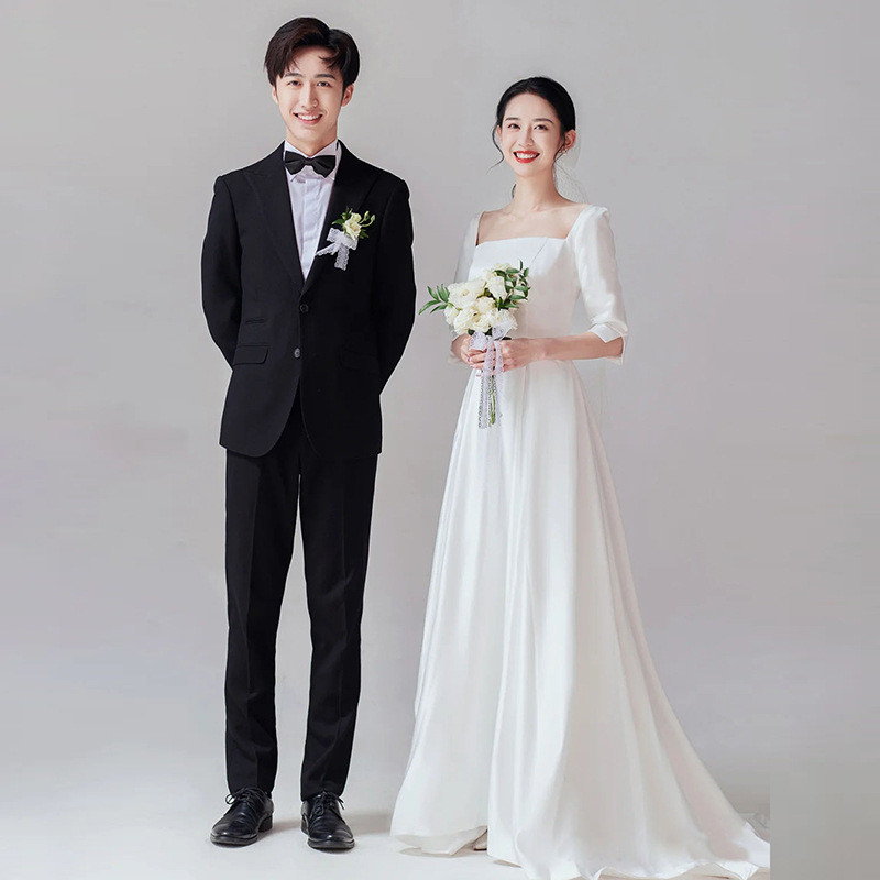 ウェディングドレス 白黒 サテン 半袖 シンプル 韓国風 結婚式 花嫁 パーティー 演奏会 前撮り お呼ばれ AK469