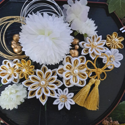 つまみ細工帯留め 帯飾り 七五三 成人式 白 金 花魁 振り袖 着物 帯