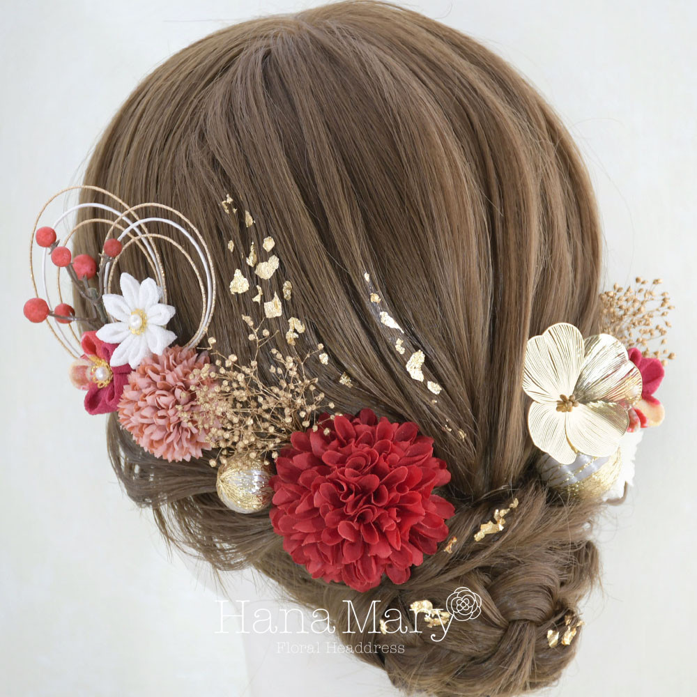 袴　卒業式髪飾り　つまみ細工　成人式 髪飾り 卒業式　ヘアアクセ　七五三　赤　ヘア飾り