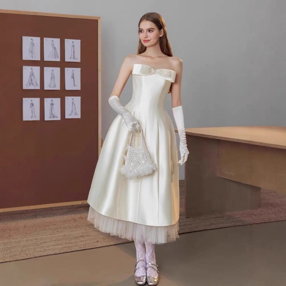 ウェディングドレス 白黒 サテン リボン ノースリーブ シンプル 花嫁 パーティー 演奏会 前撮り お呼ばれ AK475