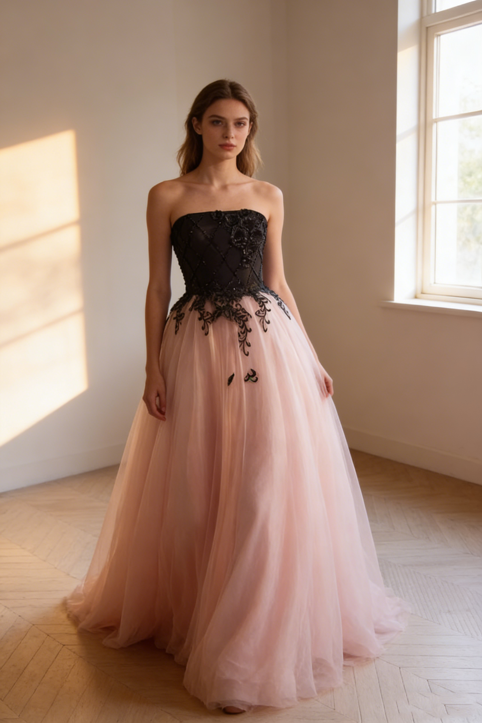 送料無料！カラードレス ピンク ブラック ふっくら柔らかなバックリボン 魅惑の花レース チュールスカート 結婚式