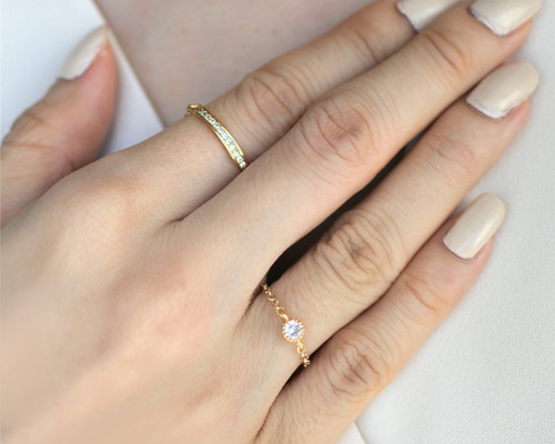 一粒CZダイヤのソリティアチェーンリング / 14KGF 14Kゴールドフィルド