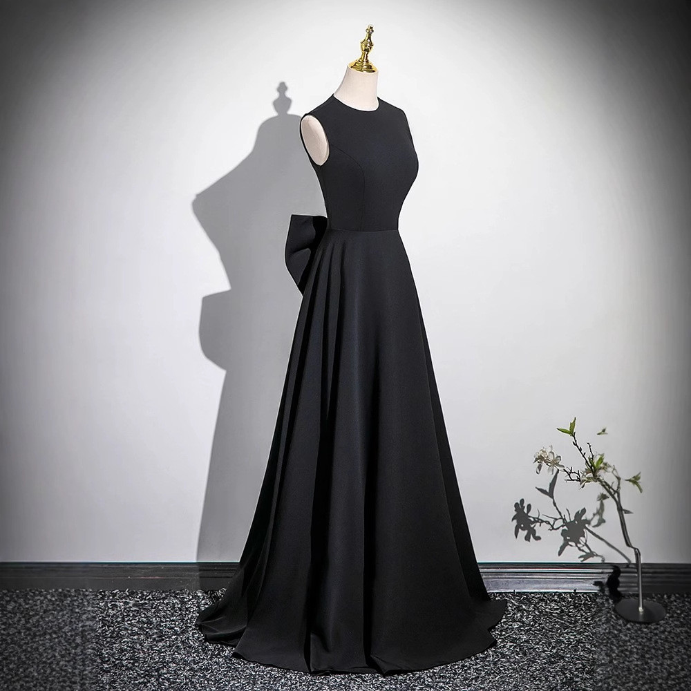 パーティードレス 黒 リボン ノースリーブ シンプル 韓国風 結婚式 パーティー 演奏会 前撮り お呼ばれ AK483