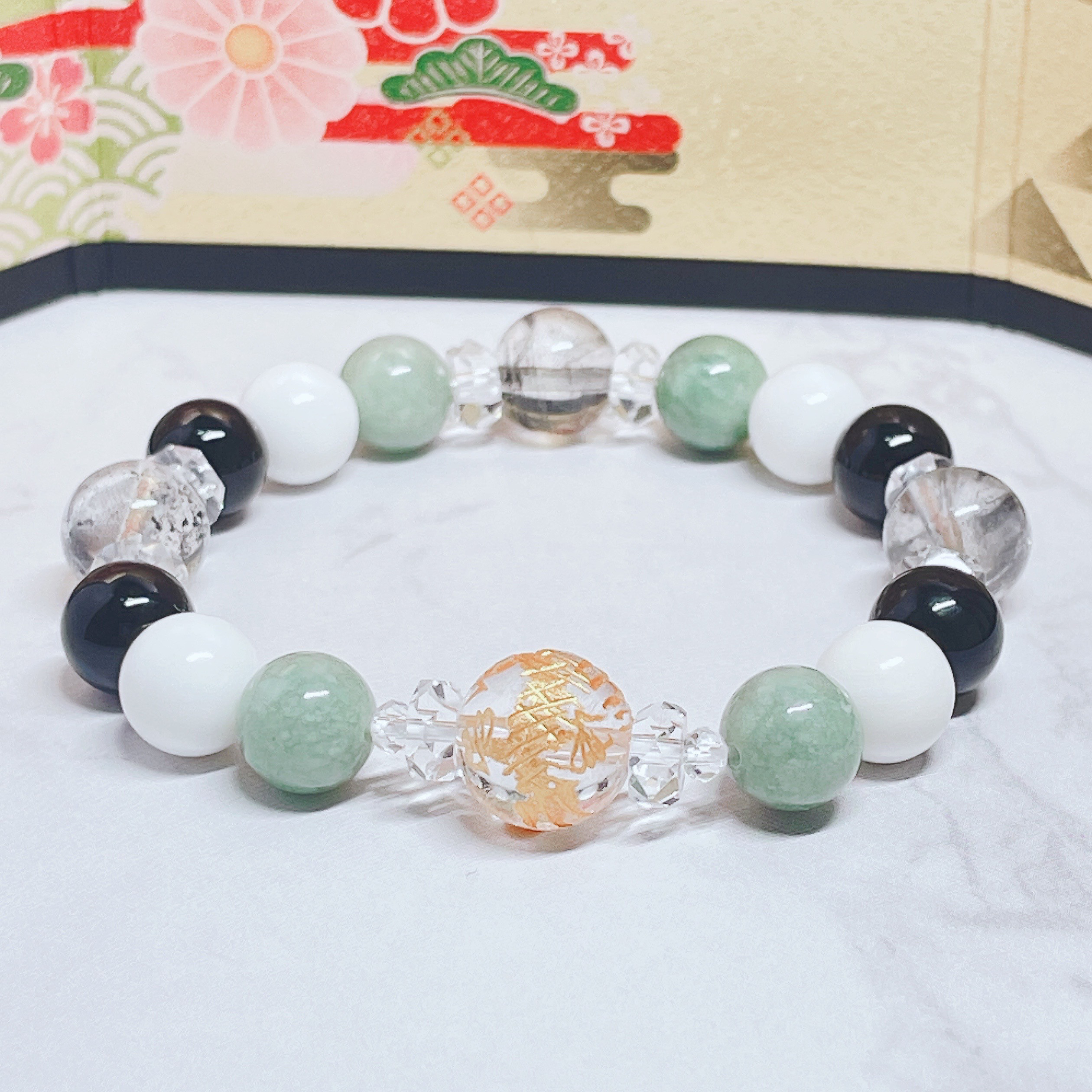 ✦神社・仏閣への参拝のお供に◎ 天然石ブレスレット｜水晶金龍・翡翠・モリオン・ガーデンクォーツ No.832