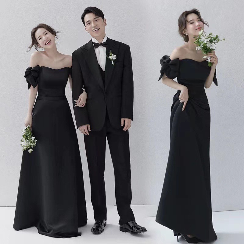 高級感 黒 白 サテン リボン オフショルダー ウェディングドレス シンプル 花嫁 演奏会 誕生日 前撮り HL952