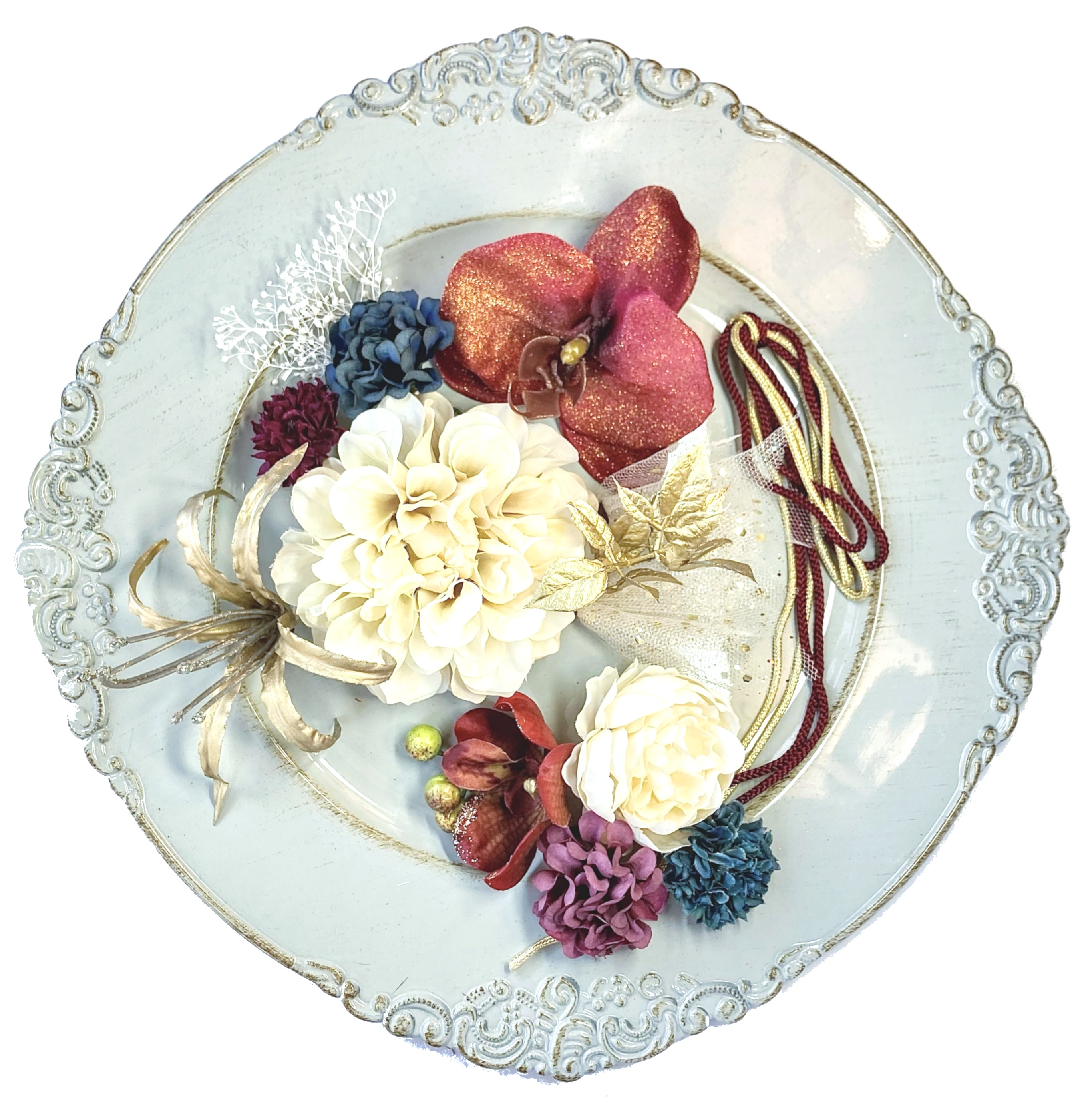 クリーム ダリア と レッド 胡蝶蘭 ゴールド リリィ 髪飾り　選べる リボン や チュール 結婚式  成人式　百合